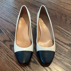 tan and black heels from j. crew, leather